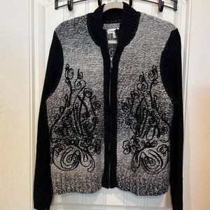 Coldwater Creek zipper sweater. Black grey and white colors.